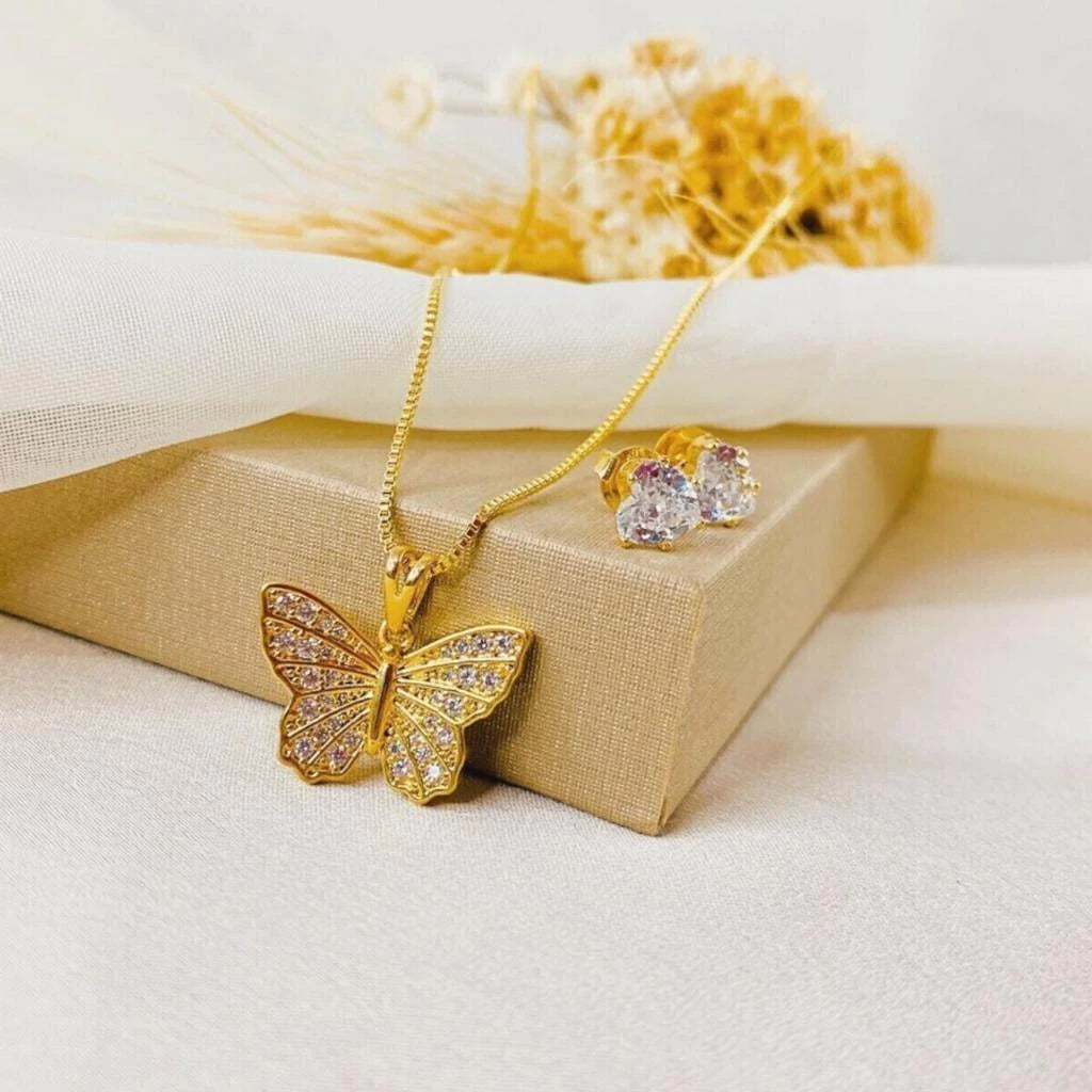 Colar Feminino Borboleta Luxo com Cordão Veneziano e Brilho em Zircônia
