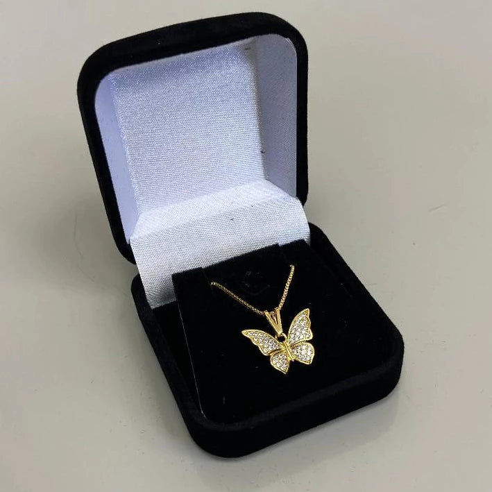 Colar Feminino Borboleta Luxo com Cordão Veneziano e Brilho em Zircônia